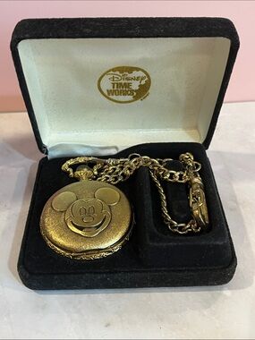 MICKEY MOUSE POCKET WATCH DISNEY MAJESTI SWISS MOVEMENT SKELETON GOLD-TONE NIB
